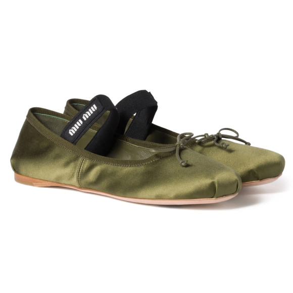Miu Miu Satin Oliva Green Black White Logo Strap Ballet Ballerina Flats 39.5 - Picture 3 of 16